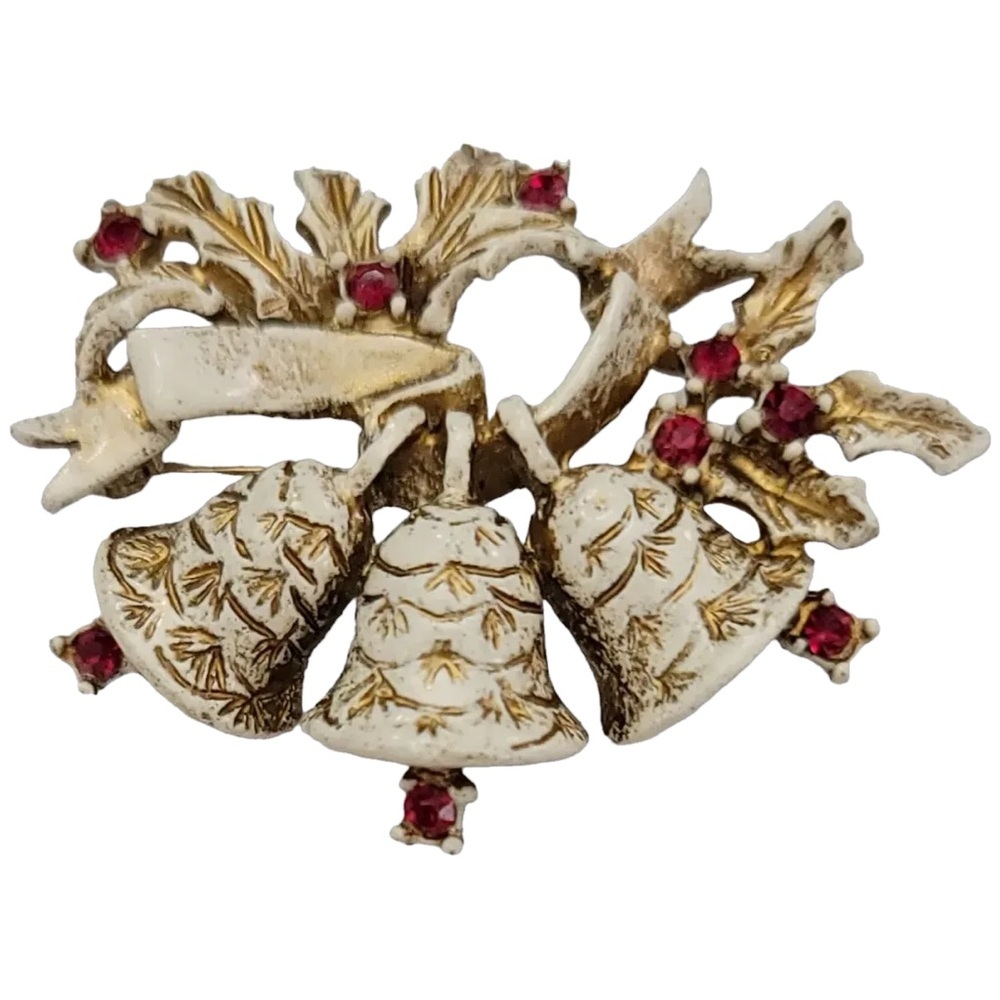 Festive Gold And Red Bell Brooch